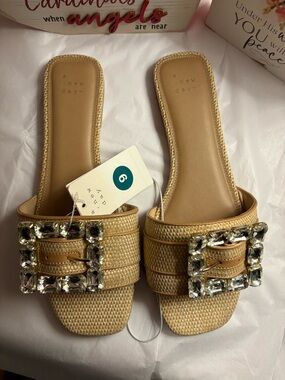 a new day Tan Jeweled-Wicker Slide Sandals Sz 9